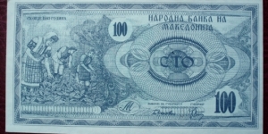 Narodna Banka na Makedonija |
100 Denari |

Obverse: Farmers harvesting |
Reverse: Ilinden monument in Kruševo Banknote