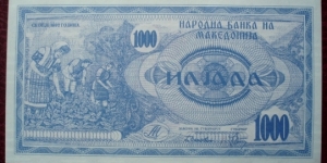 Narodna Banka na Makedonija |
1,000 Denari |

Obverse: Farmers harvesting |
Reverse: Ilinden monument in Kruševo Banknote