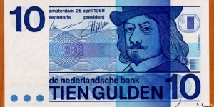 De Nederlandsche Bank |
10 Gulden |

Obverse: Stylised self-portrait of Dutch painter Frans Hals (ca. 1583-1666) |
Reverse: Bullseye and Some geometrical designs |
Watermark: Cornucopia Banknote