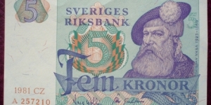 Sveriges Riksbank |
5 Kronor |

Obverse: King Gustav Vasa (1496-1560) |
Reverse: Scenes from the Swedish countryside, including stylised crowing wood-grouse and A capercaillie |
Watermark: Grid of diagonal wavy lines with the number 5 printed in the boxes. Blue and red fibers are irregularly posted in the paper Banknote