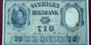 Sveriges Riksbank |
10 Kronor |

Obverse: King Gustav Vasa (1496-1560) |
Reverse: The Swedish Small Coat of Arms |
Watermark: Gustav Vasa Banknote