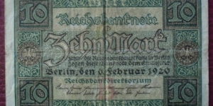 Reichsbank |
10 Papiermark |

Obverse: National Coat of Arms |
Reverse: Denomination Banknote