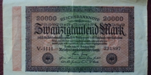 Reichsbank |
20,000 Papiermark |

Obverse: Ornamental designs and Bank seal |
Reverse: Guilloche rosettes, Ornamental designs with denomination |
Watermark: Letter within 6-pointed stars and elongated Z's repeated throughout Banknote