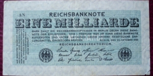 Reichsbank |
1,000,000,000 Papiermark |

Obverse: Denomination |
Reverse: Blank Banknote