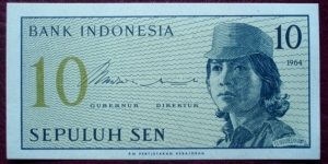 Bank Indonesia |
10 Sen |

Obverse: Female volunteer in uniform |
Reverse: Value
 Banknote