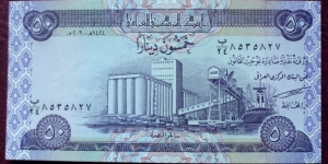 Central Bank of Iraq |
50 Dinars |

Obverse: Grain silo at Baṣrah |
Reverse: Date palm trees |
Watermark: Horse head Banknote