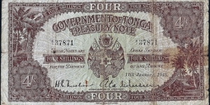 Tonga 1943 4 Shillings.

Extremely difficult to find! Banknote