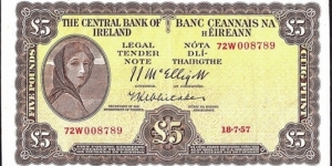 Ireland 1957 5 Pounds. Banknote
