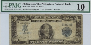 p55 1921 20 Peso PNB Circulating Note (PMG Very Good 10) Banknote