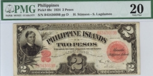 p69c 1924 2 Peso Philippine Islands Treasury Certificate (PMG Very Fine 20) Banknote