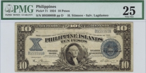 p71 1924 10 Peso Philippine Islands Treasury Certificate (PMG Very Fine 25) Banknote