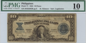 p71 1924 10 Peso Philippine Islands Treasury Certificate (PMG Very Good 10) Banknote