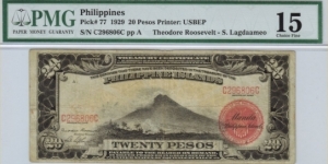 p77 1929 20 Peso Philippine Islands Treasury Certificate (PMG Choice Fine 15) Banknote