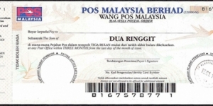 Putrajaya 2011 2 Ringgit postal order. Banknote