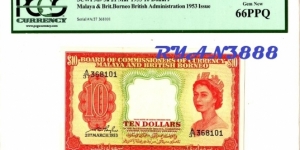 MALAYA 1953 QUEEN $10 PCGS 66PPQ GEM UNC (sold at 19may2011) Banknote