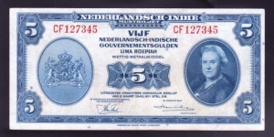 Netherlands Indies 1943 P-113 5 Gulden Banknote