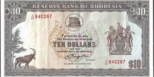 Rhodesia 1979 10 Dollars. Banknote