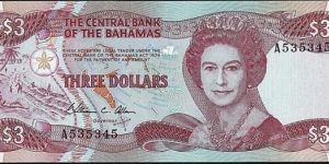 Bahamas N.D. 3 Dollars.

This note reminds me of the Chatham Islands & Cook Islands 3 Dollars notes. Banknote