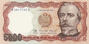 5000 Intis; P-17; Obverse: Peruvian Military Hero Francisco Bolognesi Cervantes; Banknote