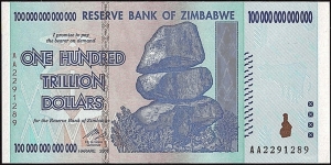 Zimbabwe 2008 100 Trillion Dollars.

The world record breaker - for the most zeroes actually depicted on a banknote. Banknote
