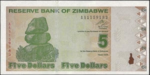 Zimbabwe 2009 5 Dollars.

The very last issue of a Zimbabwean 5 Dollars. Banknote