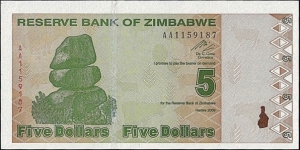 Zimbabwe 2009 5 Dollars.

The very last issue of a Zimbabwean 5 Dollars. Banknote