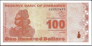 Zimbabwe 2009 100 Dollars.

The very last issue of a Zimbabwean 100 Dollars.

Black ink spot mark at right. Banknote