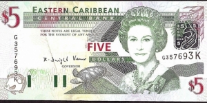 St. Kitts N.D. (2003) 5 Dollars.

Unevenly cut at both top & bottom.

Ink spot above '3' in the right hand serial number. Banknote