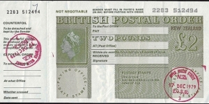 New Zealand 1979 2 Pounds postal order.

Issued at Upper Willis Street (Wellington) (Closed in 1996). Banknote