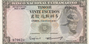 Portuguese Timor P26a (20 escudos 24/10-1967 Sign 8) Banknote