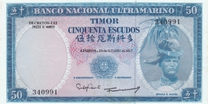 Portuguese Timor P27a (50 escudos 24/10-1967 Sign 8) Banknote