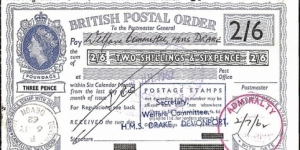 England 1962 2 Shillings & 6 Pence (1/2 Crown) postal order.

Extremely rare cashed Royal Navy Field Post Office issued postal order.

Issued at the Admiralty (London).

Cashed at Devonport,Plymouth (Devonshire). Banknote