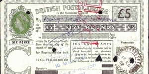England 1962 5 Pounds postal order.

Issued at Swavesey,Cambridge (Cambridgeshire). Banknote