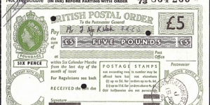 England 1962 5 Pounds postal order.

Issued at Kensington High St. Branch Office (London). Banknote