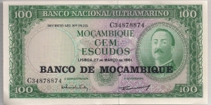 Mozambique 100 Escudos 1961 P109b. Banknote