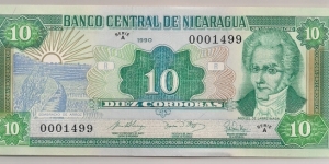 Nicaragua 10 Cordobas 1990 P175 low serial. Banknote