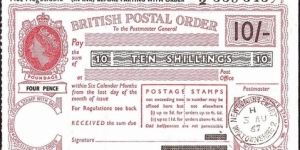 Scotland 1967 10 Shillings postal order.

Issued at Newton Stewart (Wigtownshire). Banknote