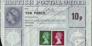Scotland 1979 10 Pence postal order.

Issued at Edinburgh (Edinburghshire). Banknote