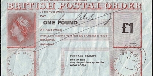 Scotland 1979 1 Pound postal order.

Issued at Edinburgh (Edinburghshire). Banknote