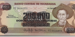 Nicaragua 200000 Cordobas ovpt 1990 P162. Banknote