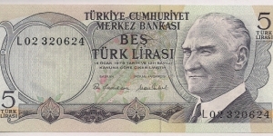 Turkey 5 Lira 1976 P185. Banknote