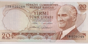 Turkey 20 Lira 1970 P187b. Banknote