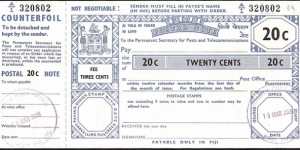 Fiji 2006 20 Cents postal note.

Issued at Korolevu. Banknote