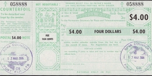 Fiji 2006 4 Dollars postal note.

Issued at Suva. Banknote