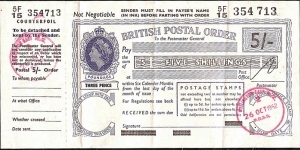 New Zealand 1962 5 Shillings postal order.

Issued at Wellington East (Wellington).

Advertisement on the back of the counterfoil. Banknote