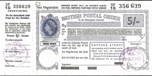New Zealand 1962 5 Shillings postal order.

Issued at Wellington South (Newtown,Wellington).

Advertisement on the back of the counterfoil. Banknote