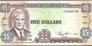 Jamaica 1987 5 Dollars. Banknote