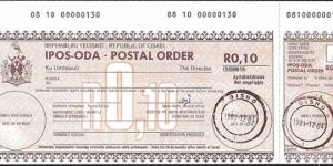 Ciskei 1981 10 Cents postal order.

Issued at Bisho.

Very historically interesting postal order.

Ciskeian Independence Day issue. Banknote