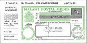 Malawi 1974 5 Tambala postal order.

Issued at the Philatelic Bureau,Blantyre. Banknote