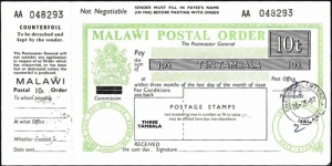 Malawi 1987 10 Tambala postal order.

Issued at Chichiri,Blantyre. Banknote